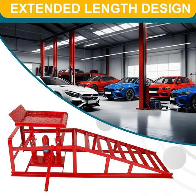 Alt view image 6 of 6 - 2 Pcs Red Hydraulic Car Ramps 5 Ton (11,000 LBS) Heavy Duty Steel Car Lift Ramps with Hydraulic Jack for Oil Changes & Truck Repair, Truck Trailer Garage Vehicle Ramps