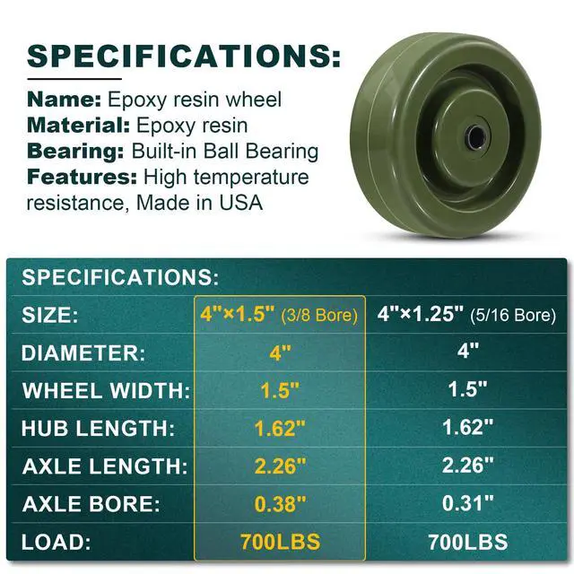 Alt view image 3 of 6 - 4" High Temperature Wheel 700 LBS Capacity Oven Caster Replacement-3/8" Bore Heat Resistant up to 525°F Epoxy Resin Thermoset Wheel with Ball Bearing(20 Pack)