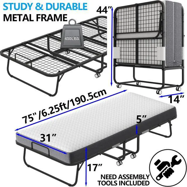 Alt view image 2 of 6 - Folding Bed with Mattress 75" x 31" for Adults Single Cot Size Rollaway Foldable Extra Guest Bed with 5" Memory Foam Mattress for Home School College Student Dorm Lab Office Hospital Hotel Truck RV