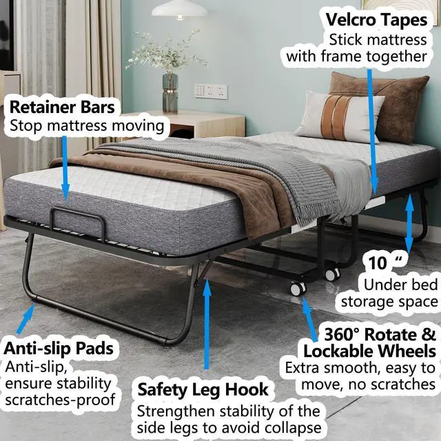 Alt view image 5 of 6 - Folding Bed with Mattress 75" x 31" for Adults Single Cot Size Rollaway Foldable Extra Guest Bed with 5" Memory Foam Mattress for Home School College Student Dorm Lab Office Hospital Hotel Truck RV