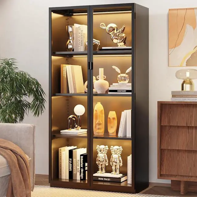 Main image of Display Cabinet with Glass Doors and LED Lights, Glass Display Cabinet with 3 Adjustable Shelves,4 Tier of Storage Space Curio Cabinet for Bedroom Living Room Homeoffice Dining Room
