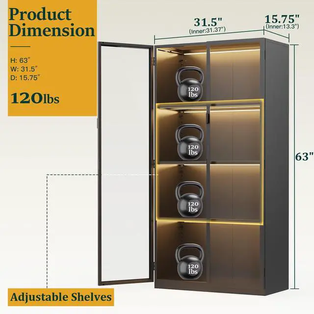 Alt view image 2 of 6 - Display Cabinet with Glass Doors and LED Lights, Glass Display Cabinet with 3 Adjustable Shelves,4 Tier of Storage Space Curio Cabinet for Bedroom Living Room Homeoffice Dining Room