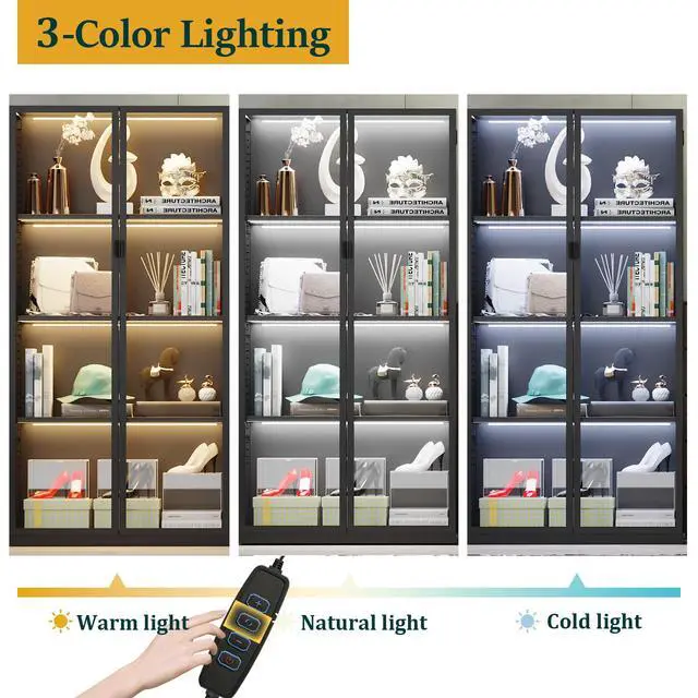 Alt view image 3 of 6 - Display Cabinet with Glass Doors and LED Lights, Glass Display Cabinet with 3 Adjustable Shelves,4 Tier of Storage Space Curio Cabinet for Bedroom Living Room Homeoffice Dining Room