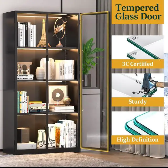 Alt view image 6 of 6 - Display Cabinet with Glass Doors and LED Lights, Glass Display Cabinet with 3 Adjustable Shelves,4 Tier of Storage Space Curio Cabinet for Bedroom Living Room Homeoffice Dining Room