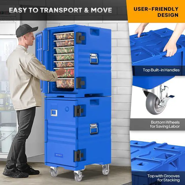 Alt view image 5 of 6 - Hot Box Food Warmer, Insulated Food Pan Carrier w/Lockable Wheels Double Buckles and Handles, Stackable Hot Boxes for Catering Restaurant Canteen Family Party