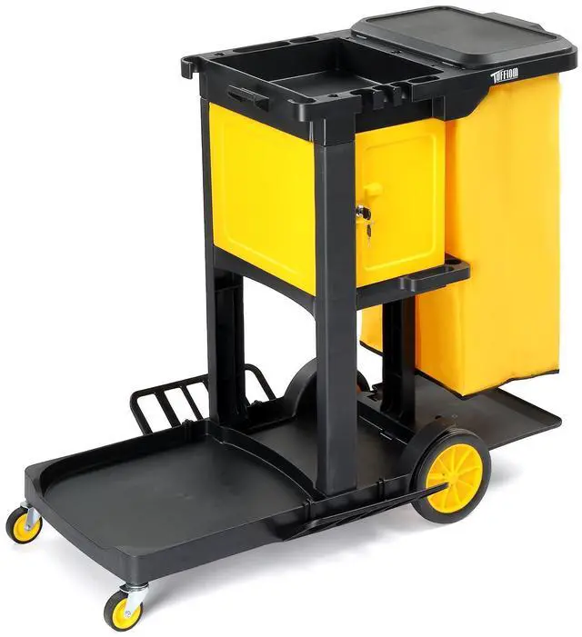 Main image of Janitorial Cart with Key-Locking Cabinet, 3-Shelf Commercial Cleaning Cart, Housekeeping Caddy with Locker,Wheeled with Yellow Vinyl Bag, Black, Great for Hotel, Stores, Schools, and Business