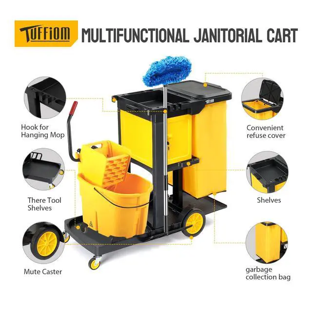 Alt view image 2 of 6 - Janitorial Cart with Key-Locking Cabinet, 3-Shelf Commercial Cleaning Cart, Housekeeping Caddy with Locker,Wheeled with Yellow Vinyl Bag, Black, Great for Hotel, Stores, Schools, and Business