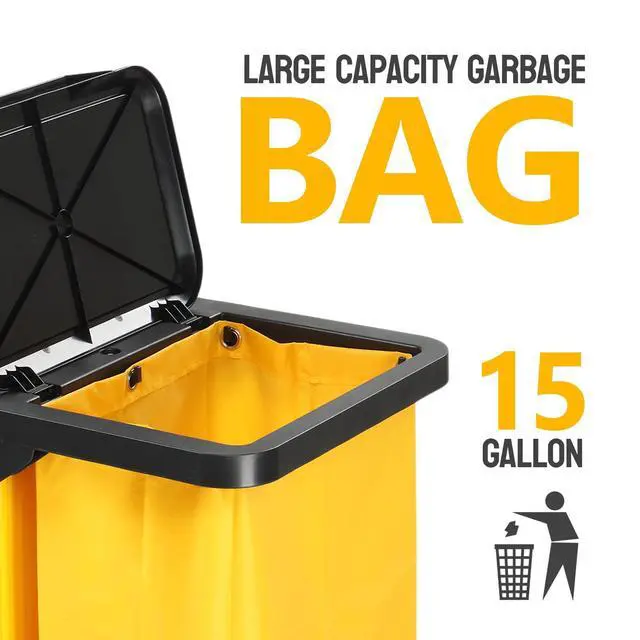 Alt view image 3 of 6 - Janitorial Cart with Key-Locking Cabinet, 3-Shelf Commercial Cleaning Cart, Housekeeping Caddy with Locker,Wheeled with Yellow Vinyl Bag, Black, Great for Hotel, Stores, Schools, and Business