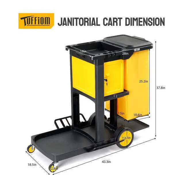 Alt view image 5 of 6 - Janitorial Cart with Key-Locking Cabinet, 3-Shelf Commercial Cleaning Cart, Housekeeping Caddy with Locker,Wheeled with Yellow Vinyl Bag, Black, Great for Hotel, Stores, Schools, and Business