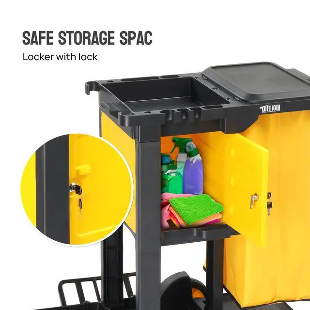 Alt view image 6 of 6 - Janitorial Cart with Key-Locking Cabinet, 3-Shelf Commercial Cleaning Cart, Housekeeping Caddy with Locker,Wheeled with Yellow Vinyl Bag, Black, Great for Hotel, Stores, Schools, and Business