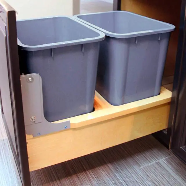 Alt view image 4 of 5 - Dowell B21 Wood Base Wastebasket Pullout with Two 35Qt Plastic Bins (4008 0221-35 * 2)