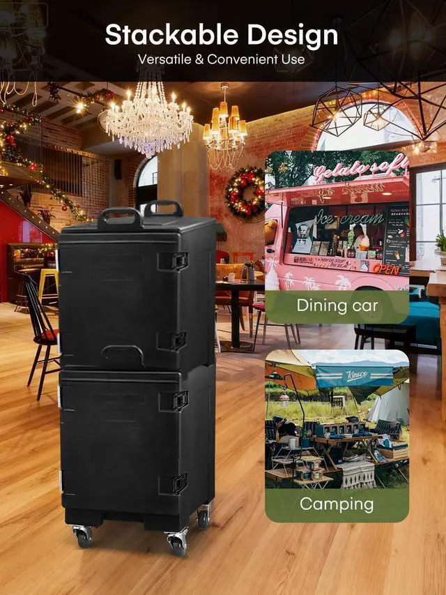 Alt view image 5 of 6 - Catering Food Warmer, 82Qt Front Loading Hot Box for Catering, LLDPE Insulated Food Pan Carrier for 5 Full-Size Pan, w/Wheels, Stackable, Handles, Hot Box Food Warmer for Camping, Restaurant
