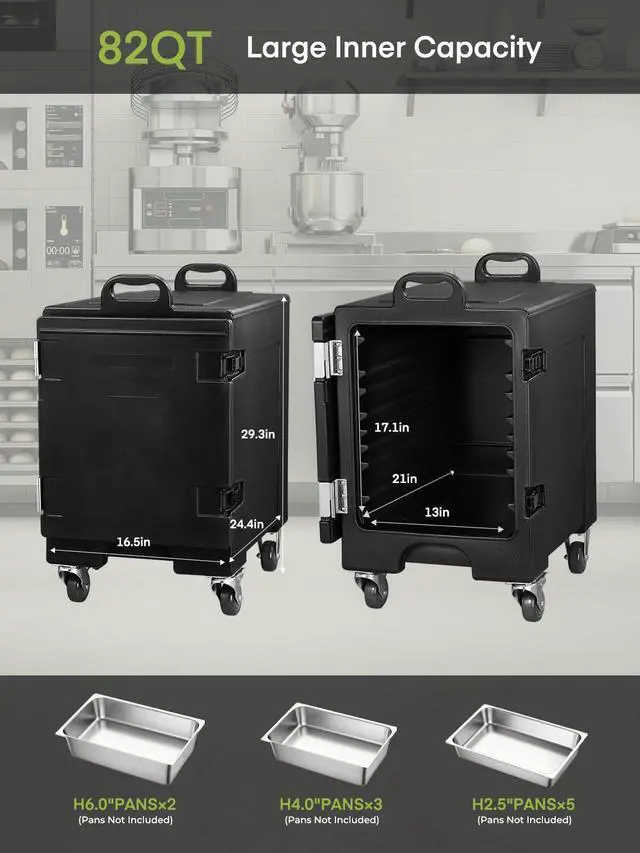 Alt view image 6 of 6 - Catering Food Warmer, 82Qt Front Loading Hot Box for Catering, LLDPE Insulated Food Pan Carrier for 5 Full-Size Pan, w/Wheels, Stackable, Handles, Hot Box Food Warmer for Camping, Restaurant