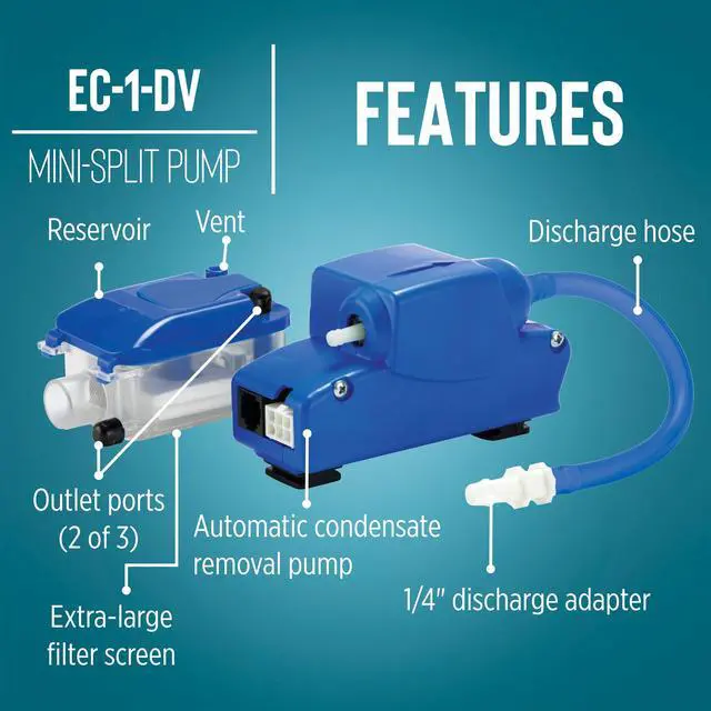 Alt view image 5 of 6 - EC-1-DV 110-240 Volt, 50/60 Hz Mini Condensate Pump for Mini-Split/Ductless Air Conditioners, Blue, 553507