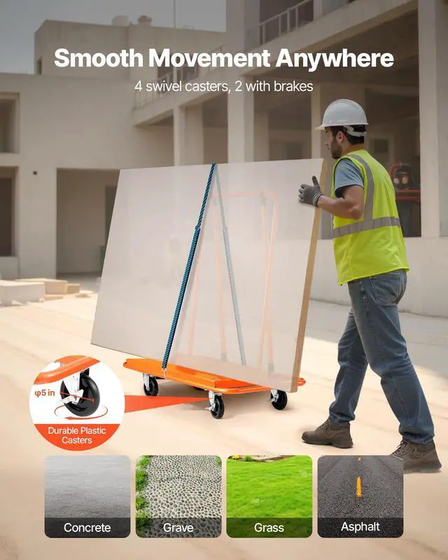 Alt view image 4 of 6 - Heavy-Duty Panel Dolly, Drywall Cart Features 45.28" x 21.8" Deck & 5" Swivel Wheels, Drywall Sheet Cart, Handling Wall Panel, Sheetrock, Lumber, Ideal for Garage, Home, Warehouse