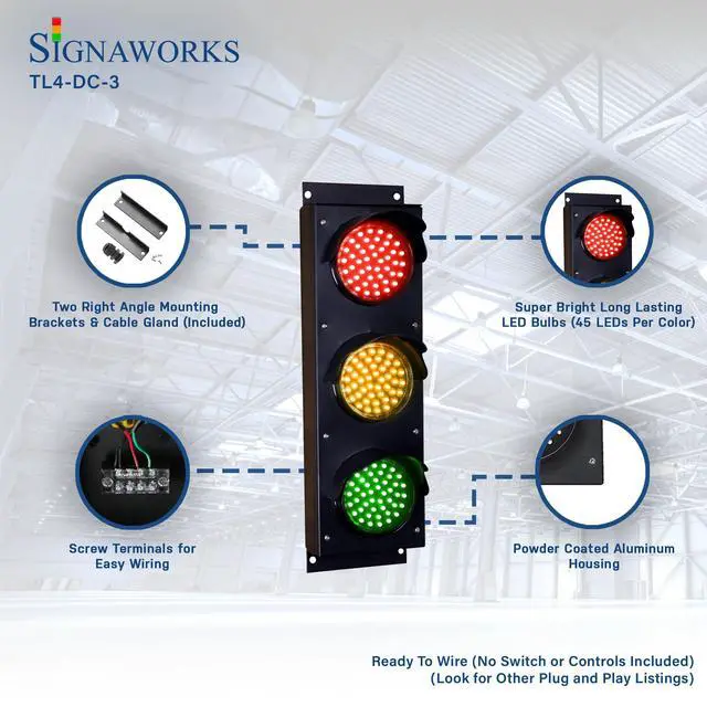 Alt view image 6 of 6 - LED 3 Light Red/Yellow/Green LED Traffic Signal Light 4 inch Diameter Lens, 110/220 VAC, Mounting Brackets, Industrial Stop Go Light, Ready to Wire (Power Cord and Controls NOT Included)