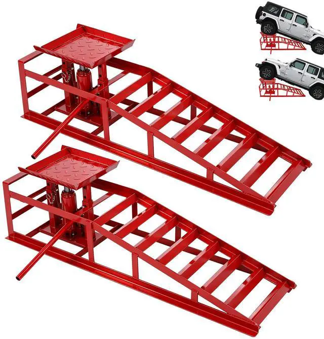 Main image of 2 Pcs Hydraulic Car Ramps, 5 Ton Heavy Duty Steel Car Lift Ramps with Hydraulic Jack for Oil Changes & Truck Repair, 9" - 15" High Lift, Low Profile Vehicle Lift Service Ramps Truck Trailer(Red)