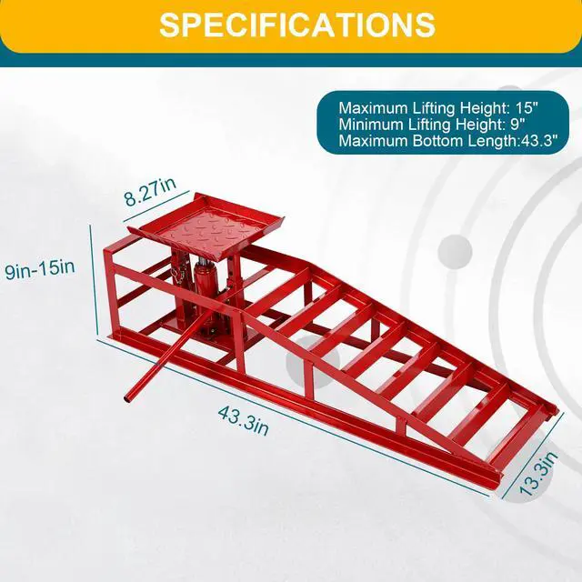 Alt view image 3 of 6 - 2 Pcs Hydraulic Car Ramps, 5 Ton Heavy Duty Steel Car Lift Ramps with Hydraulic Jack for Oil Changes & Truck Repair, 9" - 15" High Lift, Low Profile Vehicle Lift Service Ramps Truck Trailer(Red)