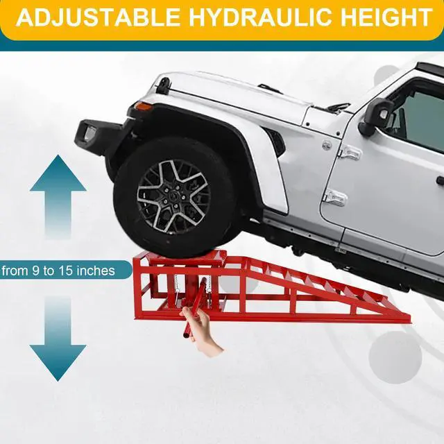Alt view image 4 of 6 - 2 Pcs Hydraulic Car Ramps, 5 Ton Heavy Duty Steel Car Lift Ramps with Hydraulic Jack for Oil Changes & Truck Repair, 9" - 15" High Lift, Low Profile Vehicle Lift Service Ramps Truck Trailer(Red)