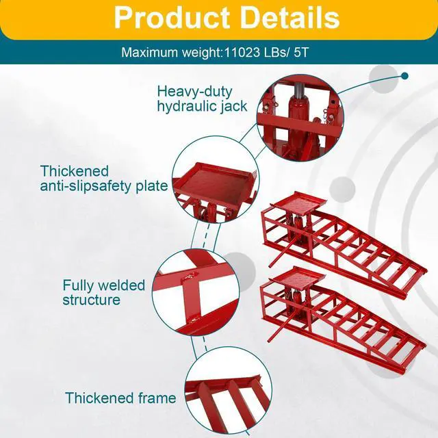 Alt view image 5 of 6 - 2 Pcs Hydraulic Car Ramps, 5 Ton Heavy Duty Steel Car Lift Ramps with Hydraulic Jack for Oil Changes & Truck Repair, 9" - 15" High Lift, Low Profile Vehicle Lift Service Ramps Truck Trailer(Red)