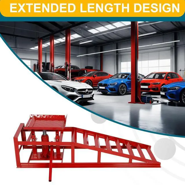 Alt view image 6 of 6 - 2 Pcs Hydraulic Car Ramps, 5 Ton Heavy Duty Steel Car Lift Ramps with Hydraulic Jack for Oil Changes & Truck Repair, 9" - 15" High Lift, Low Profile Vehicle Lift Service Ramps Truck Trailer(Red)