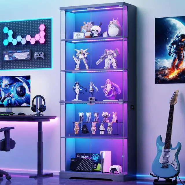 Main image of Display Cabinet with Glass Doors, 69" Tall Curio Cabinet with RGB Lights and 5-Tier Shelves for Collectibles, Figures, Lockable Display Case for Books, Living Room, Gray