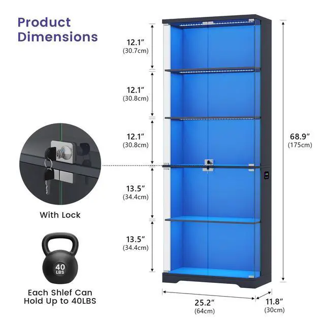 Alt view image 2 of 6 - Display Cabinet with Glass Doors, 69" Tall Curio Cabinet with RGB Lights and 5-Tier Shelves for Collectibles, Figures, Lockable Display Case for Books, Living Room, Gray