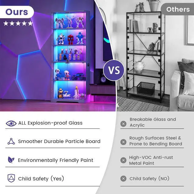 Alt view image 5 of 6 - Display Cabinet with Glass Doors, 69" Tall Curio Cabinet with RGB Lights and 5-Tier Shelves for Collectibles, Figures, Lockable Display Case for Books, Living Room, Gray