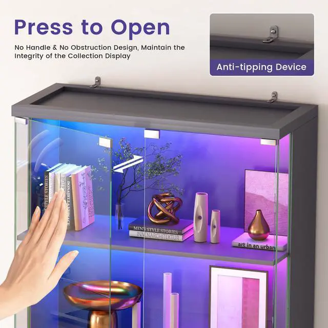 Alt view image 6 of 6 - Display Cabinet with Glass Doors, 69" Tall Curio Cabinet with RGB Lights and 5-Tier Shelves for Collectibles, Figures, Lockable Display Case for Books, Living Room, Gray