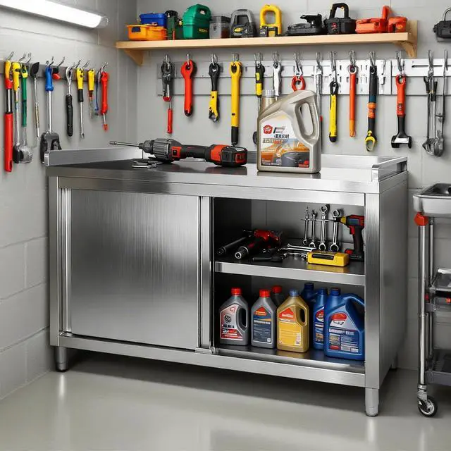 Alt view image 5 of 6 - Stainless Steel Work Table with Cabinet 48"x20" with Baffle,Commercial Kitchen Workbench with Sliding Doors for Prep Work, Heavy Duty Prep Table for Restaurant,Garage,Warehouse