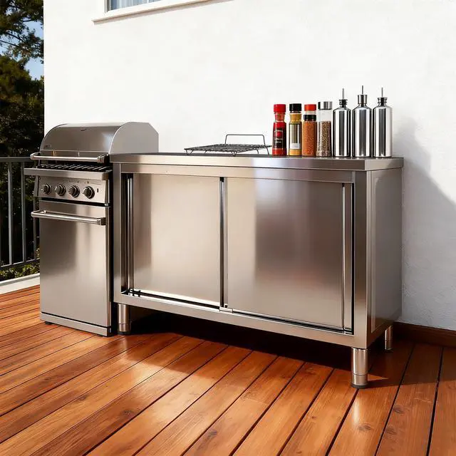 Alt view image 2 of 6 - Stainless Steel Work Table with Cabinet 48"x20",Commercial Kitchen Workbench with Sliding Doors for Prep Work, Heavy Duty Prep Table for Restaurant,Garage,Warehouse