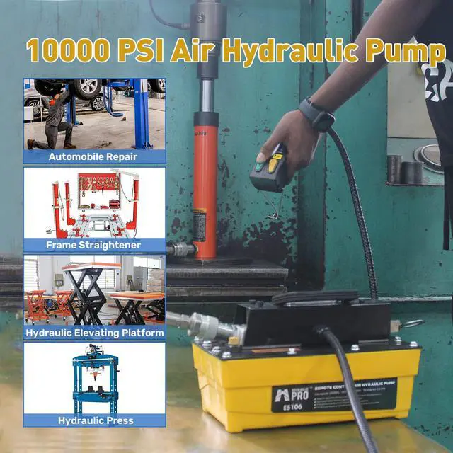 Alt view image 2 of 6 - 10,000 PSI Air Hydraulic Pump with 9.8 ft Remote Control, 2.3L Reservoir, NPT 3/8" Oil Outlet, NPT 1/4" Inlet, for Auto Body Frame Machines, Hydraulic Press