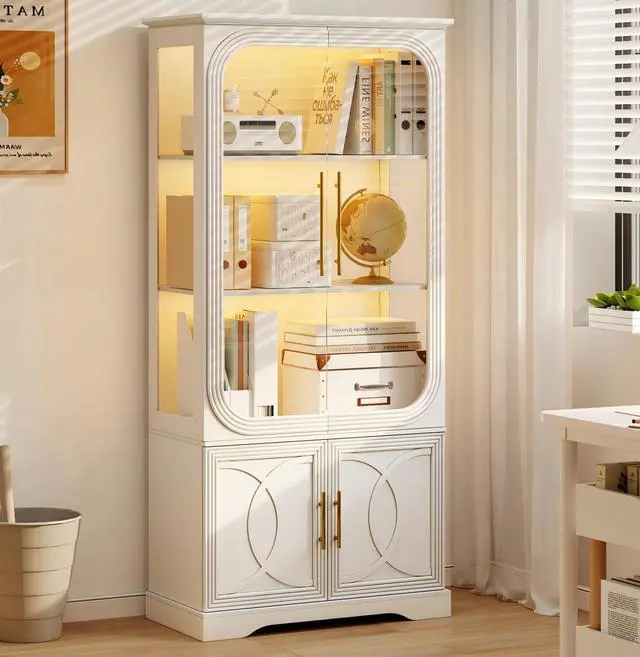 Main image of Display Cabinet with Glass Doors, 69 in Tall Bookcase with LED Lights, Glass Display Case Kitchen Pantry Cabinet, 5 Tier Curio Storage Cabinet for Living Room, Home Office, White