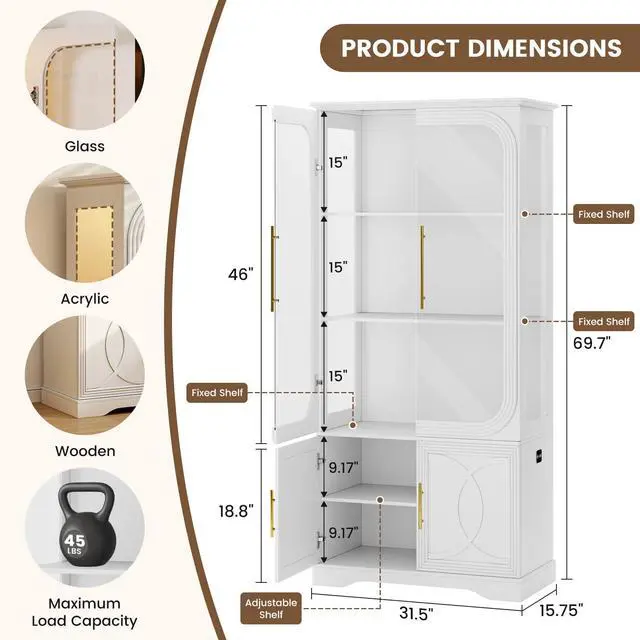 Alt view image 2 of 6 - Display Cabinet with Glass Doors, 69 in Tall Bookcase with LED Lights, Glass Display Case Kitchen Pantry Cabinet, 5 Tier Curio Storage Cabinet for Living Room, Home Office, White