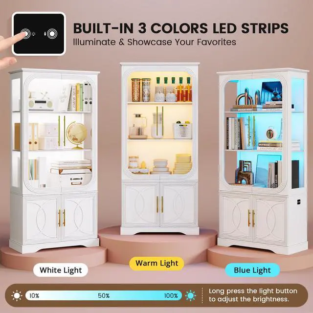 Alt view image 3 of 6 - Display Cabinet with Glass Doors, 69 in Tall Bookcase with LED Lights, Glass Display Case Kitchen Pantry Cabinet, 5 Tier Curio Storage Cabinet for Living Room, Home Office, White