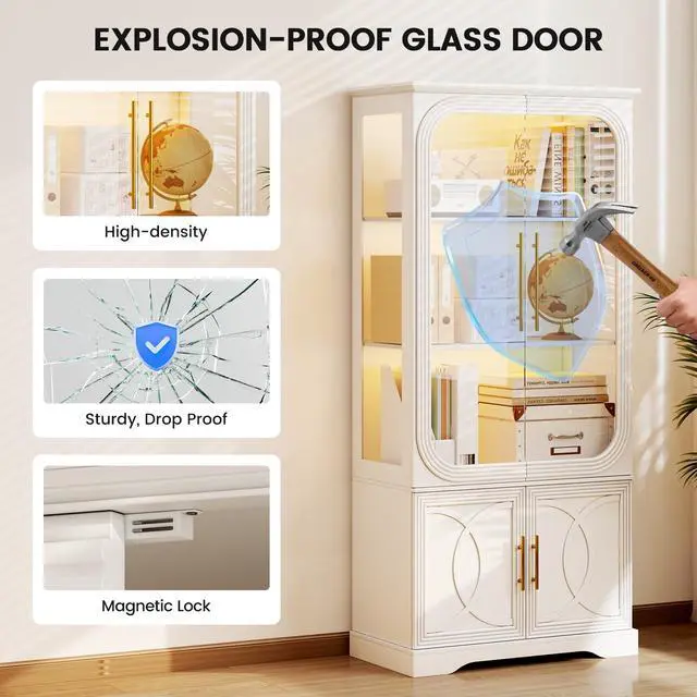 Alt view image 4 of 6 - Display Cabinet with Glass Doors, 69 in Tall Bookcase with LED Lights, Glass Display Case Kitchen Pantry Cabinet, 5 Tier Curio Storage Cabinet for Living Room, Home Office, White