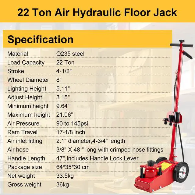 Alt view image 3 of 6 - 22 Ton Air Hydraulic Floor Jack Quick Lift Air-Operated Axle Bottle Jack HD Truck Lift Jacks Service Repair Lifting Tool for Garages Repair Shops 44000lbs Capacity Red