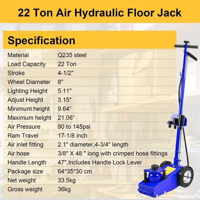 Alt view image 3 of 6 - 22 Ton Air Hydraulic Floor Jack Quick Lift Air-Operated Axle Bottle Jack HD Truck Lift Jacks Service Repair Lifting Tool for Garages Repair Shops 44000lbs Capacity Blue