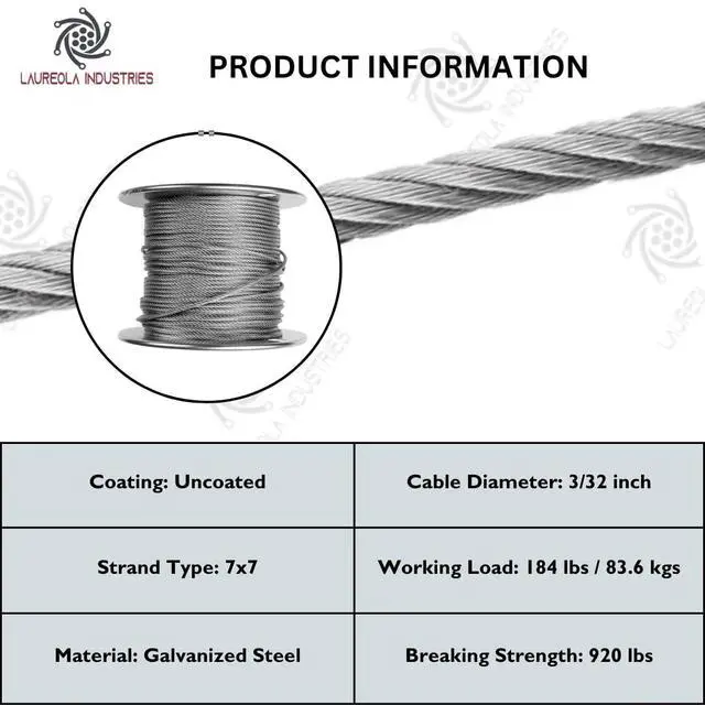 Alt view image 4 of 5 - Laureola 3/32" Type-7x7 Galvanized Steel Wire Rope Aircraft Cable (1500 ft)