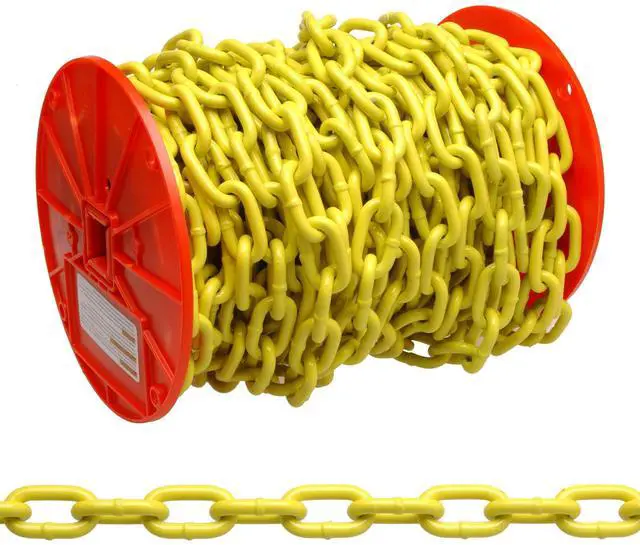 Main image of System 3 Grade 30 Low Carbon Steel Proof Coil Chain on Reel | Yellow Polycoated | 3/16" Trade | 0.21" Diameter | 100' Length| 800 lbs Load Capacity
