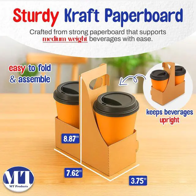 Alt view image 2 of 6 - Kraft 2 Cup Carrier 7.62" x 3.75" x 8.87" - Small Kraft Drink Carrier with Handles (Pack of 250) - Made in The USA