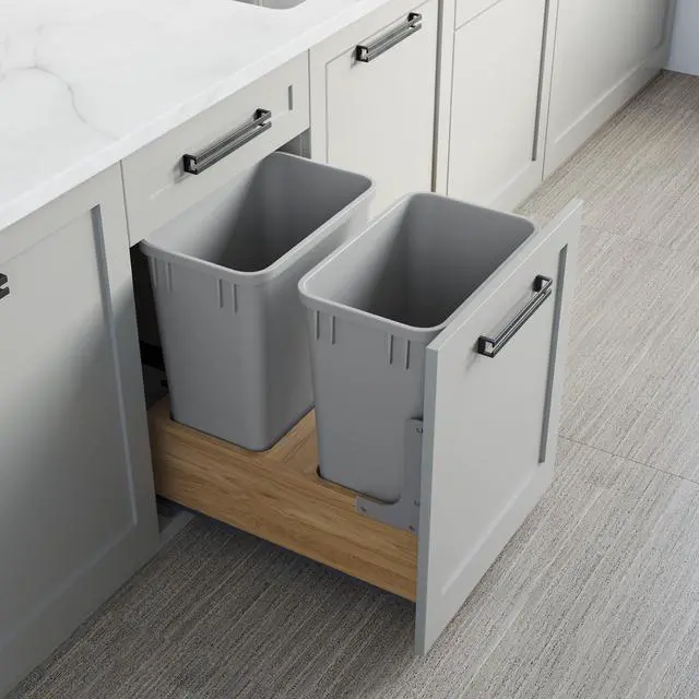Main image of Dowell B18/B21 Wood Base Wastebasket Pullout with Two 35Qt Plastic Bins (4008 0218 35 * 2)