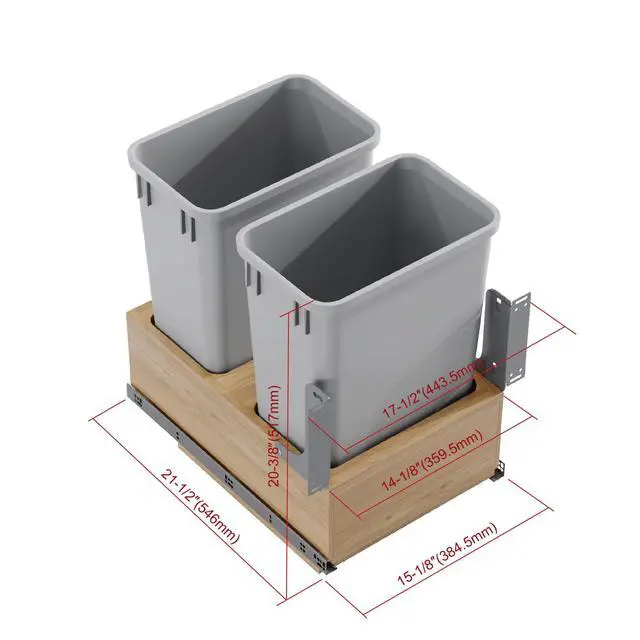 Alt view image 3 of 6 - Dowell B18/B21 Wood Base Wastebasket Pullout with Two 35Qt Plastic Bins (4008 0218 35 * 2)