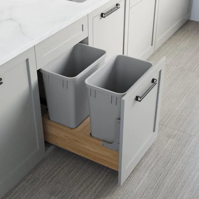 Alt view image 4 of 6 - Dowell B18/B21 Wood Base Wastebasket Pullout with Two 35Qt Plastic Bins (4008 0218 35 * 2)
