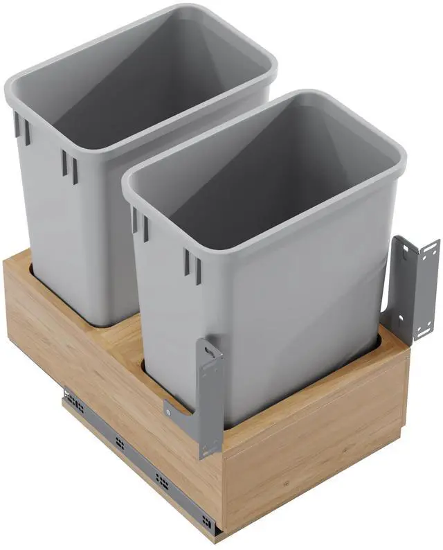 Alt view image 5 of 6 - Dowell B18/B21 Wood Base Wastebasket Pullout with Two 35Qt Plastic Bins (4008 0218 35 * 2)