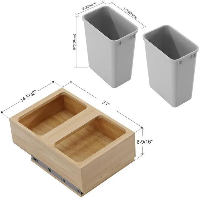 Alt view image 6 of 6 - Dowell B18/B21 Wood Base Wastebasket Pullout with Two 35Qt Plastic Bins (4008 0218 35 * 2)