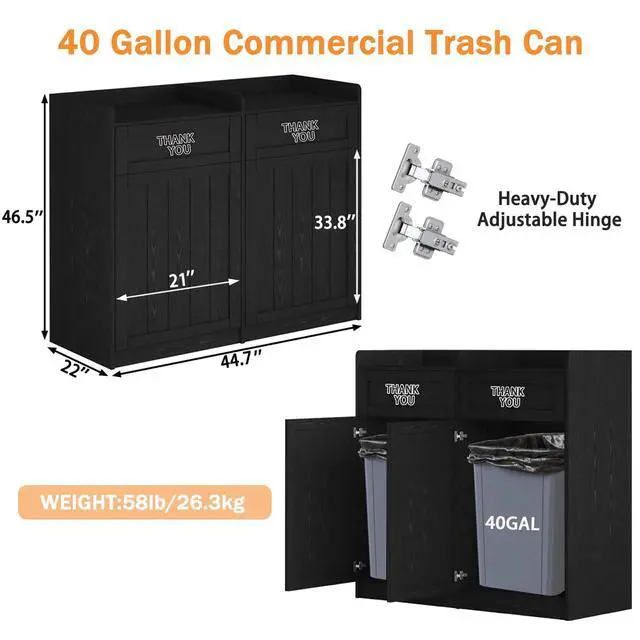Alt view image 2 of 6 - Double 40 Gallon Restaurant Trash Can Cabinet, Wooden Commercial Trash Cans and Garbage Receptacle with Tray Holder, Large Trash Cabinet for Restaurant, Kitchen, Office, Black (Black, Double)