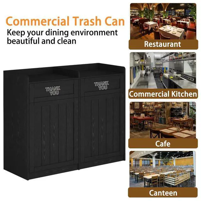 Alt view image 5 of 6 - Double 40 Gallon Restaurant Trash Can Cabinet, Wooden Commercial Trash Cans and Garbage Receptacle with Tray Holder, Large Trash Cabinet for Restaurant, Kitchen, Office, Black (Black, Double)