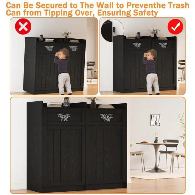 Alt view image 6 of 6 - Double 40 Gallon Restaurant Trash Can Cabinet, Wooden Commercial Trash Cans and Garbage Receptacle with Tray Holder, Large Trash Cabinet for Restaurant, Kitchen, Office, Black (Black, Double)