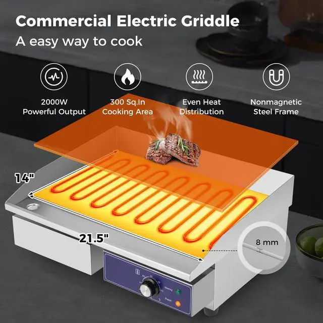 Alt view image 2 of 6 - Commercial Electric Griddle 22" - 110V 2000W Countertop Griddle with Cast Iron Griddle Plate & Stainless Steel Frame, Restaurant Teppanyaki Flat Top Grill, Adjustable Temp Control 122-572